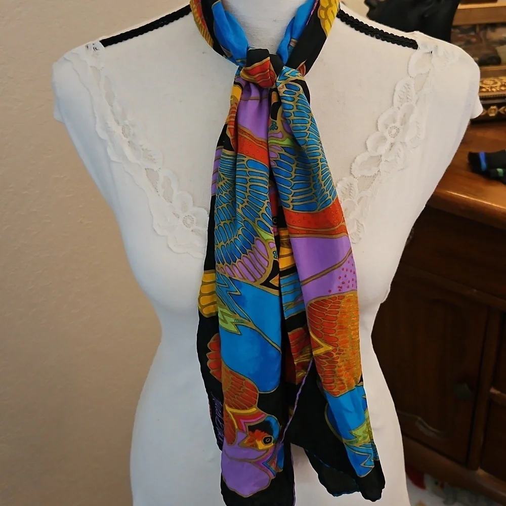 LAUREL BURCH Colorful Rainbow Tropical Bird Print Silk Resort Festival Scarf